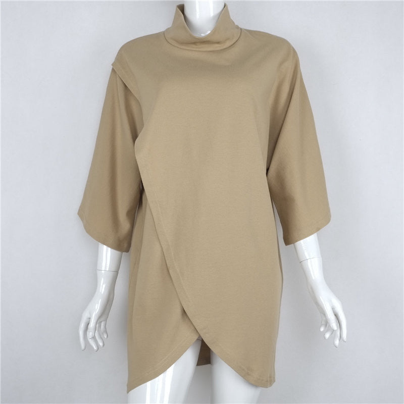 Fashion High Neck Wide Sleeve Loose Irregular Short Dress