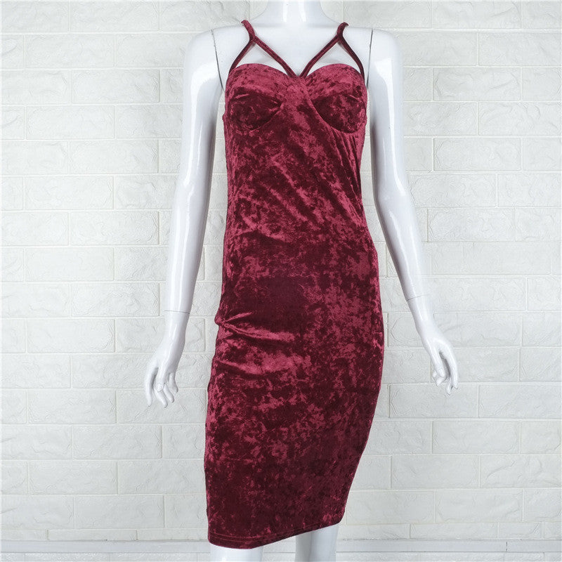 Sexy Spaghetti Strap Velvet Backless Bodycon Long Dress