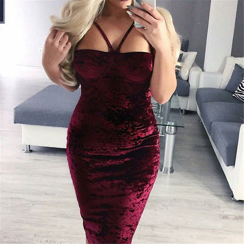 Sexy Spaghetti Strap Velvet Backless Bodycon Long Dress