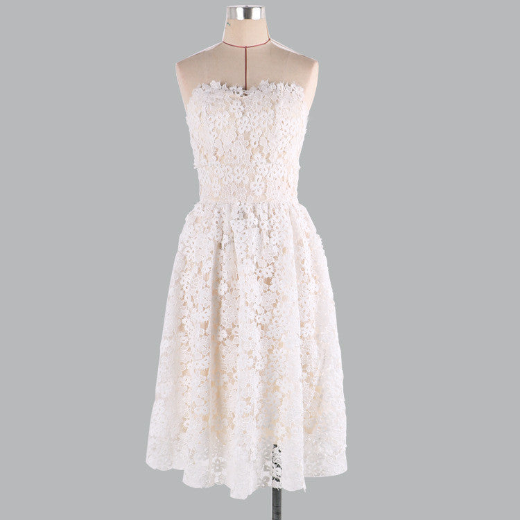 Sexy Strapless Floral Lace A-Line Pleated Short Bridesmaid Dress