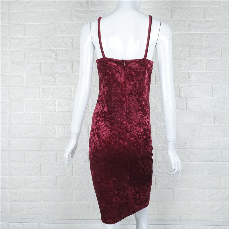 Sexy Spaghetti Strap Velvet Backless Bodycon Long Dress