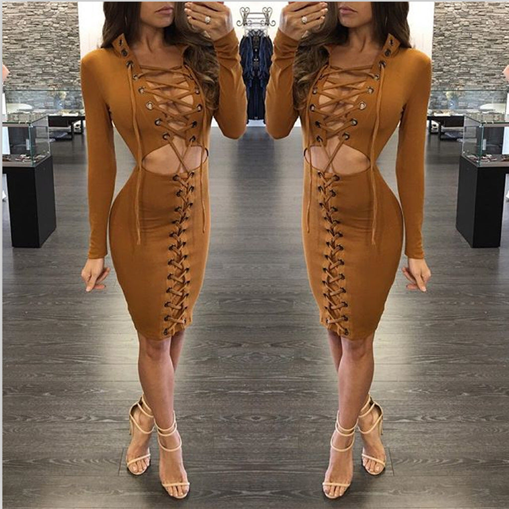 V-neck Hollow Out Straps Cross Bodycon Long Dress