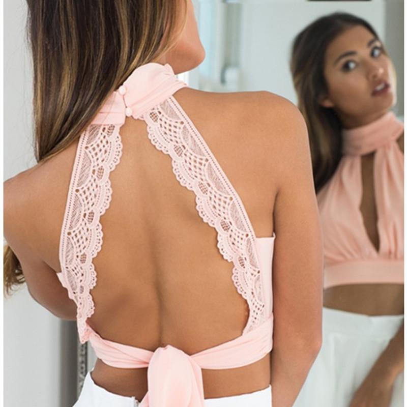 Lace Wraps Halter Backless High Neck Crop Top