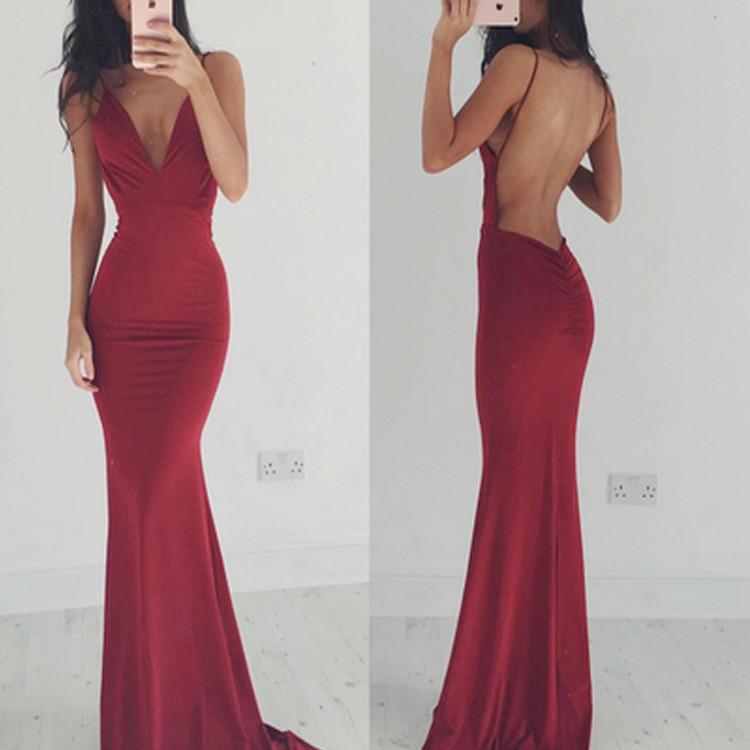 Pure Color Spaghetti Straps Long Backless Party Dress