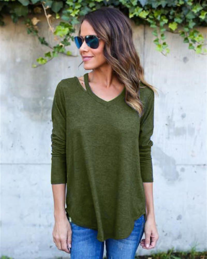 Pure Color V-neck Loose Irregular Blouse