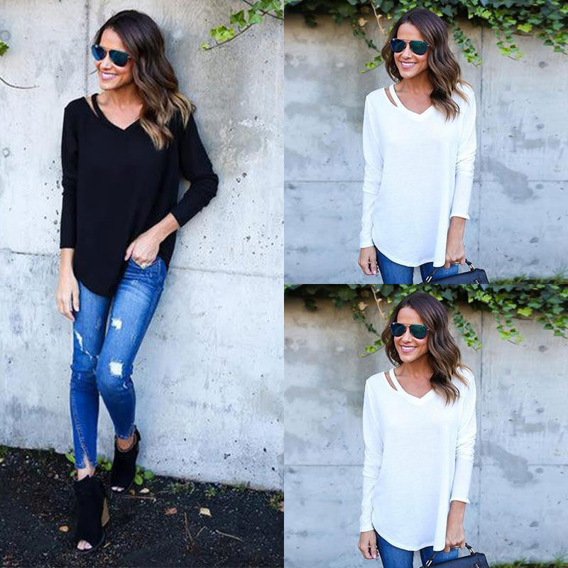 Pure Color V-neck Loose Irregular Blouse