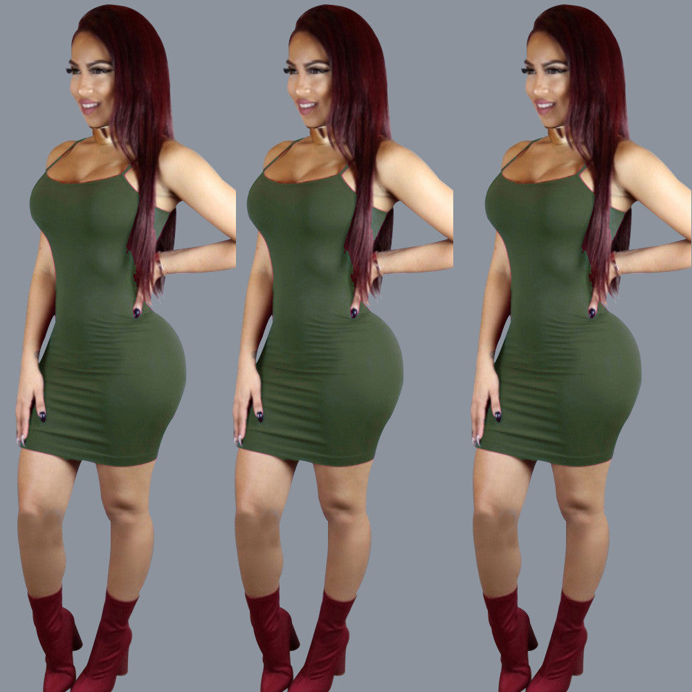 Sexy Spaghetti Strap Pure Color Short Bodycon Dress