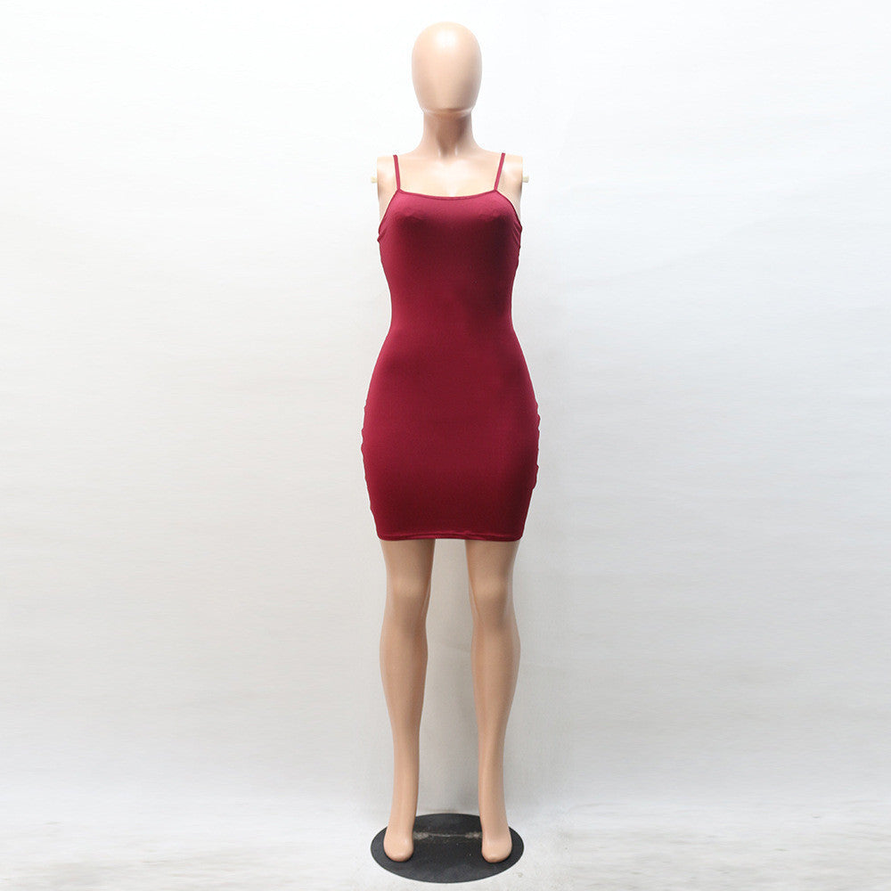 Sexy Spaghetti Strap Pure Color Short Bodycon Dress