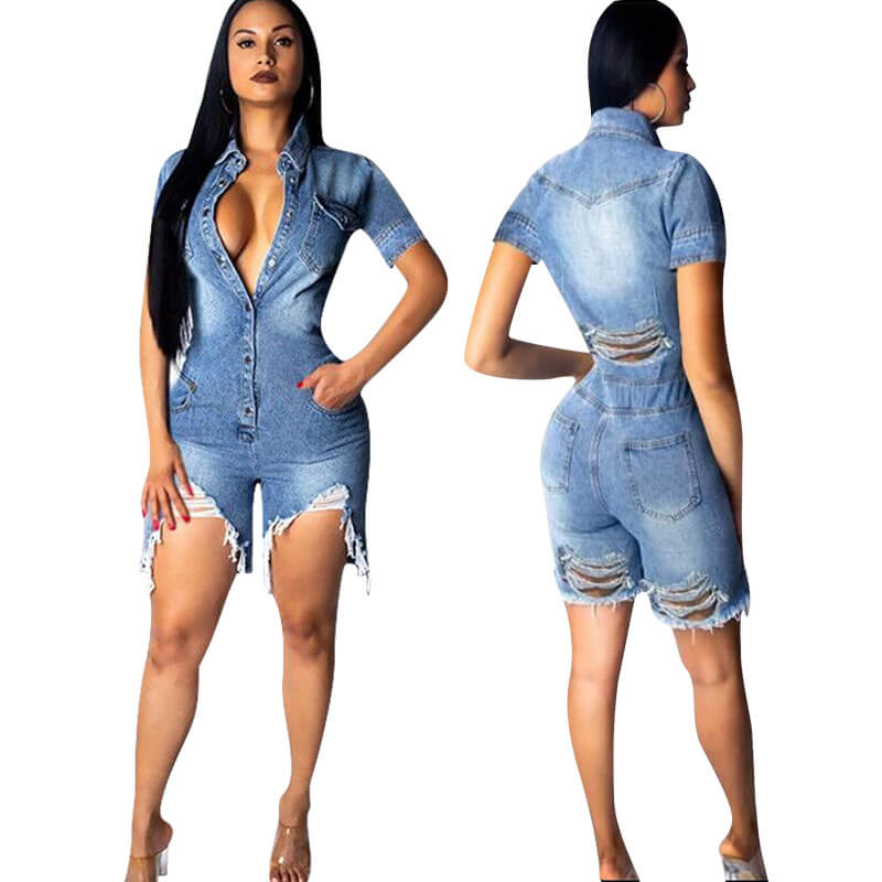 Sexy Denim Short Sleeve Ripped Bodycon Romper