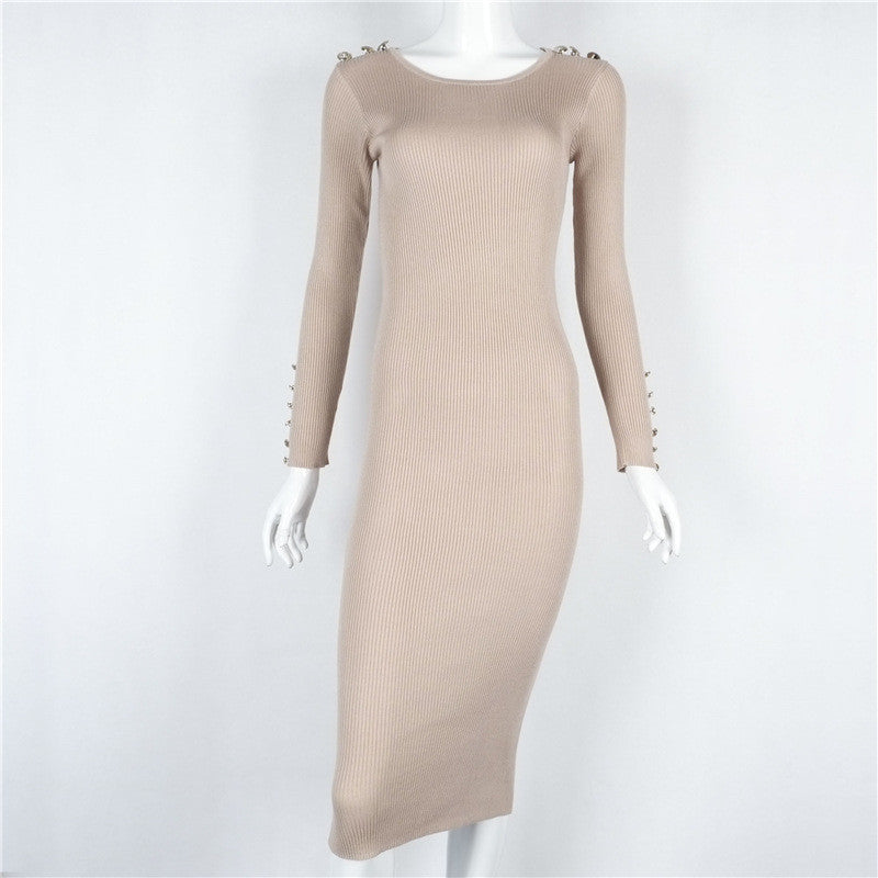 Hot Style Metal Button Pure Color Bodycon Long Dress