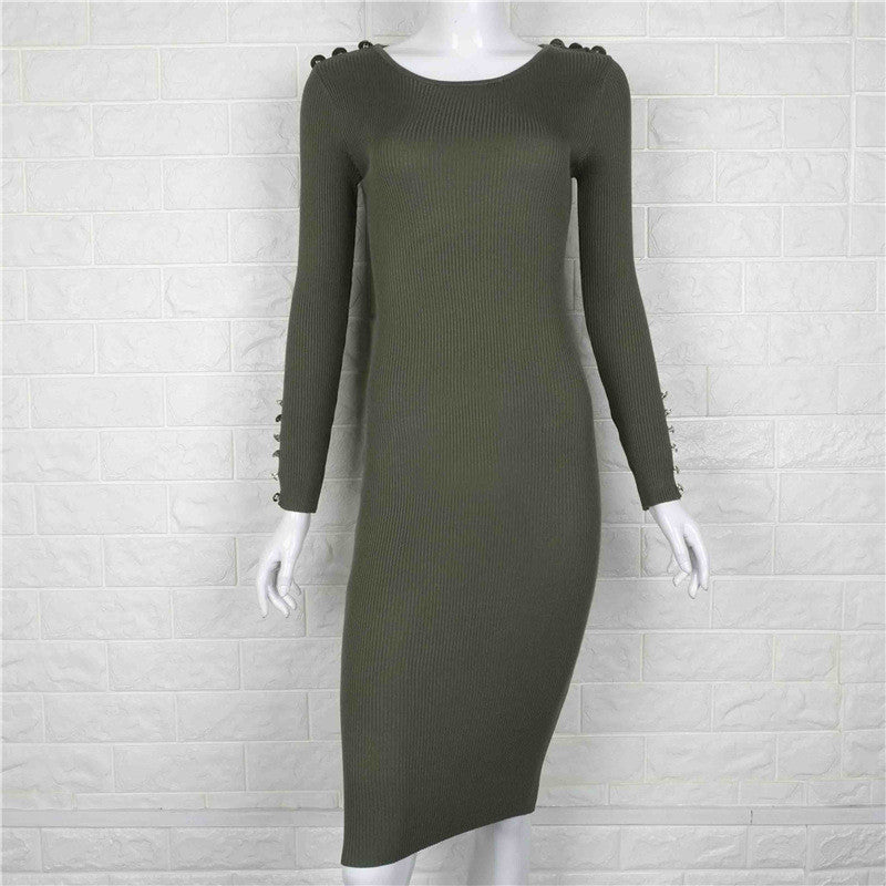 Hot Style Metal Button Pure Color Bodycon Long Dress