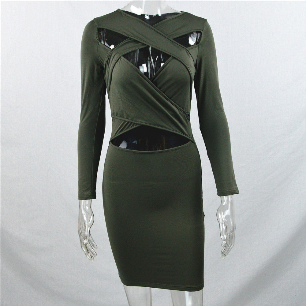 Cross Bandage Long Sleeve Short Bodycon Dress