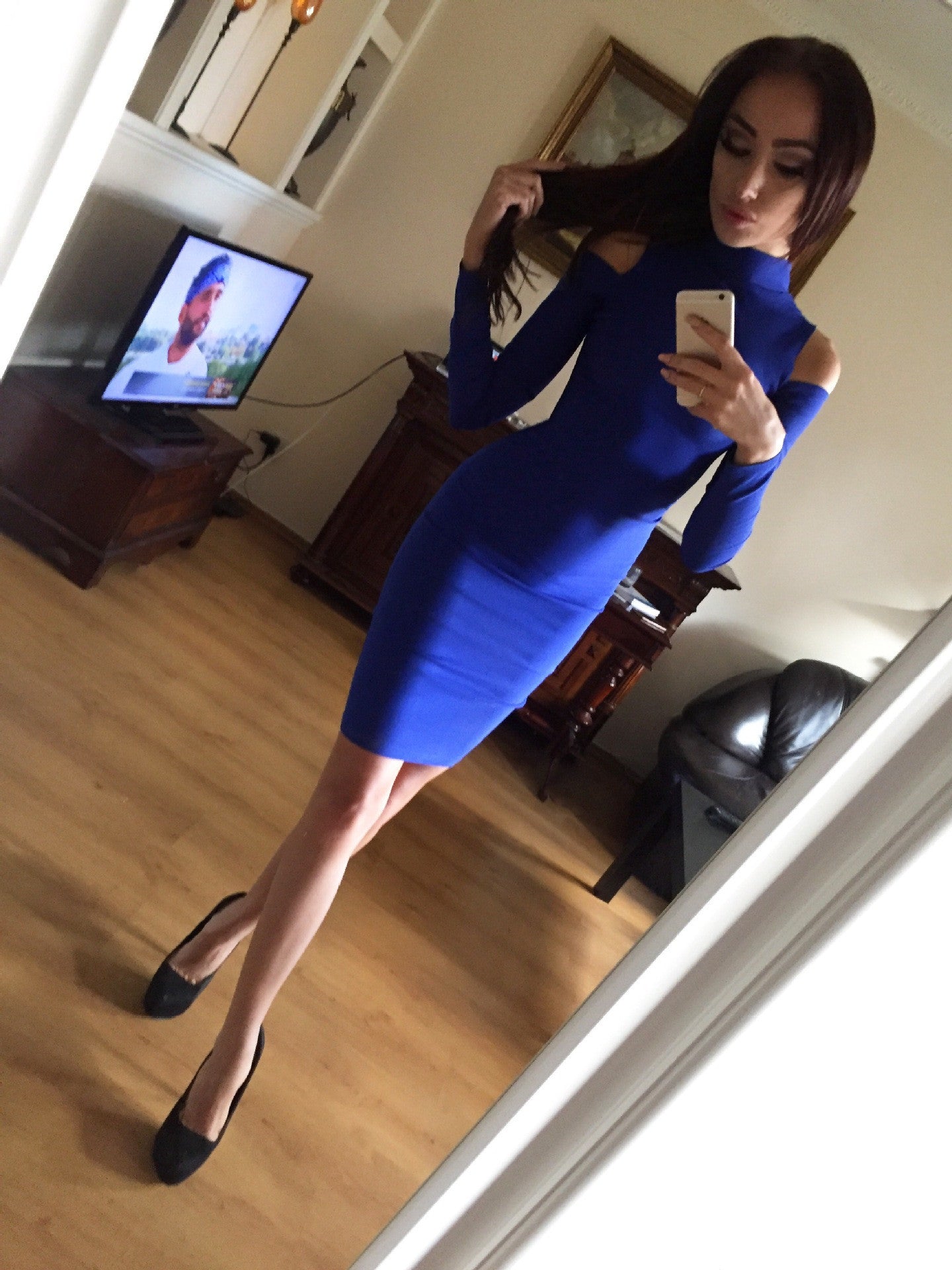 Turtle Neck Dew Shoulder Long-Dleeves Bodycon Dress