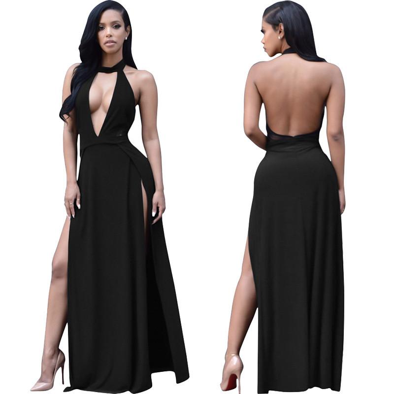 Spaghetti Straps V-neck Backless Split Long Party Dress 