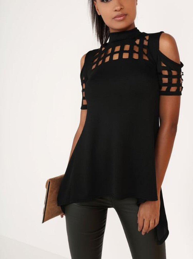 Hollow Out Back Split High Neck Irregular Blouse