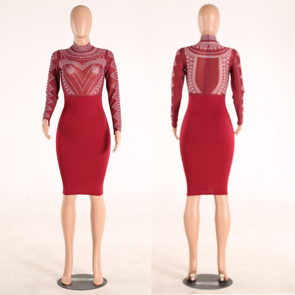 Sexy Mesh Print Patchwork Short Knee-length Dress