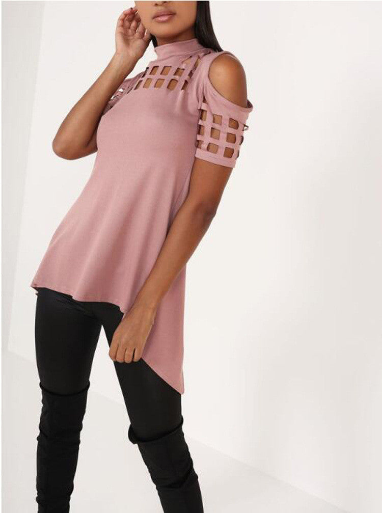 Hollow Out Back Split High Neck Irregular Blouse