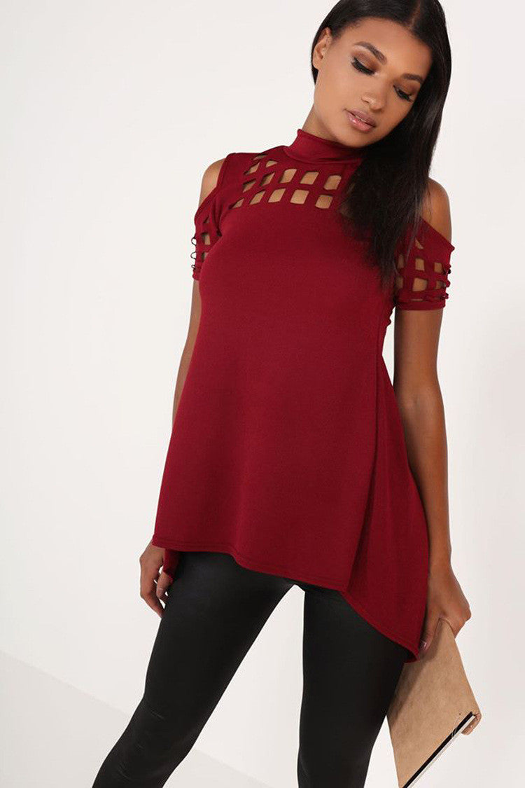 Hollow Out Back Split High Neck Irregular Blouse