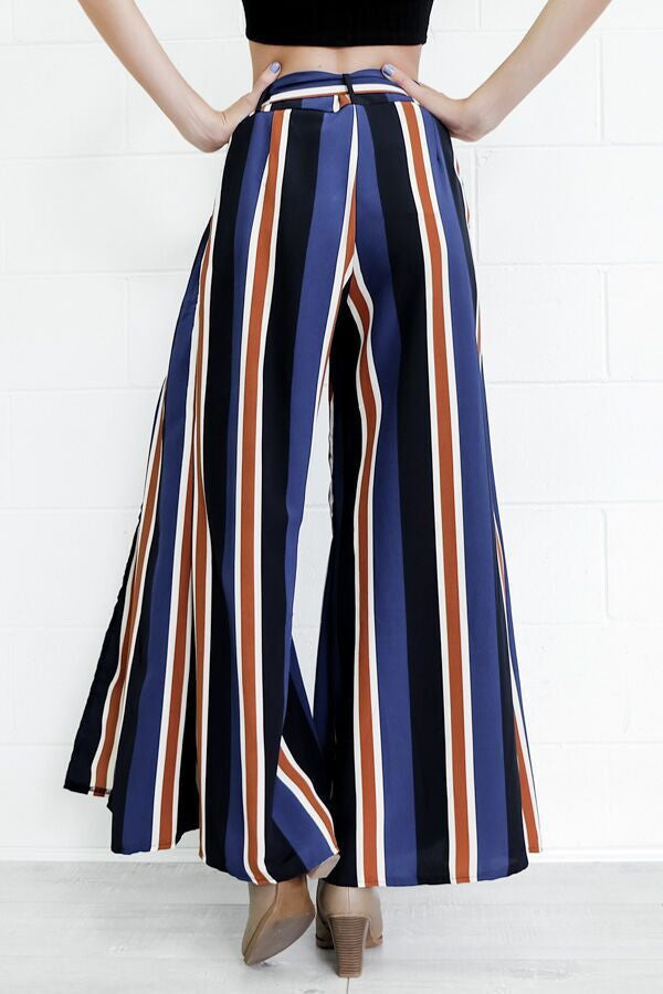 Multicolor Stripes Printed Side Split High Waist Wide Leg Pants