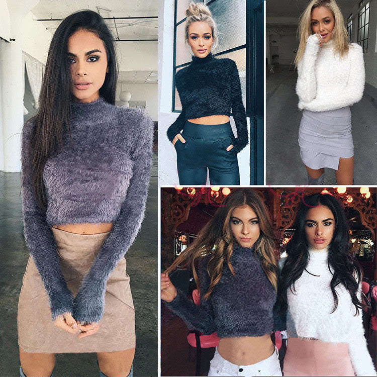High Collar Mohair Sexy Short Crop Top Sweater