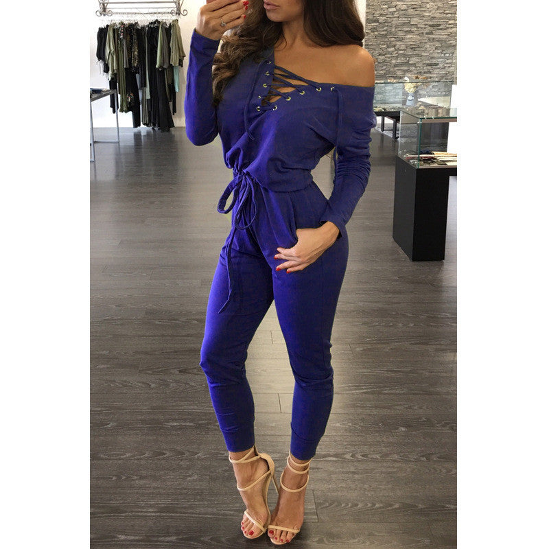Deep V-neck Lace Up Off Shoulder High Waist Long Jumpsuit