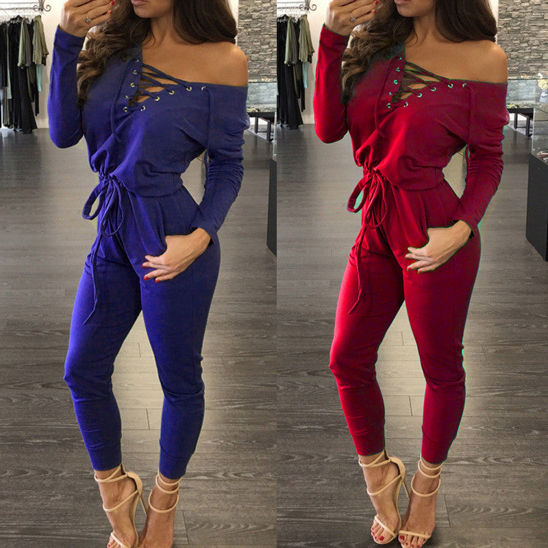 Deep V-neck Lace Up Off Shoulder High Waist Long Jumpsuit