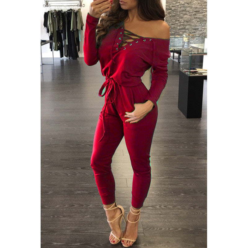 Deep V-neck Lace Up Off Shoulder High Waist Long Jumpsuit