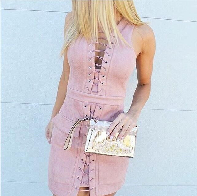 Fashion Lace Up Sleeveless Front Pockets Bodycon Short Dress