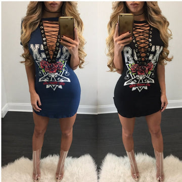 Punk Style Lace Up Deep V Neck Short Bodycon Dress