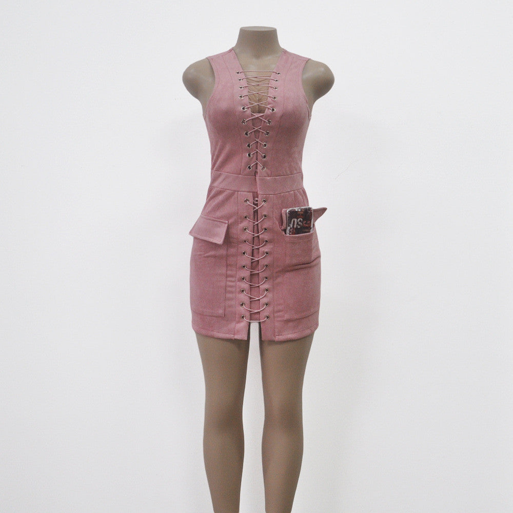 Fashion Lace Up Sleeveless Front Pockets Bodycon Short Dress
