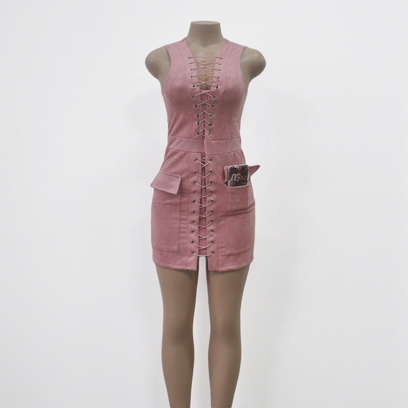 Fashion Lace Up Sleeveless Front Pockets Bodycon Short Dress