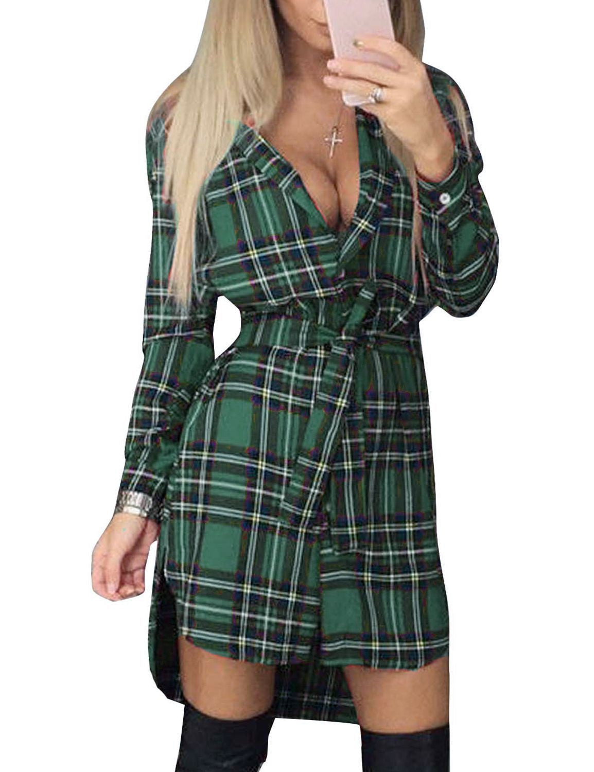 Long Sleeves Plaid Long Shirt Blouses With Belt