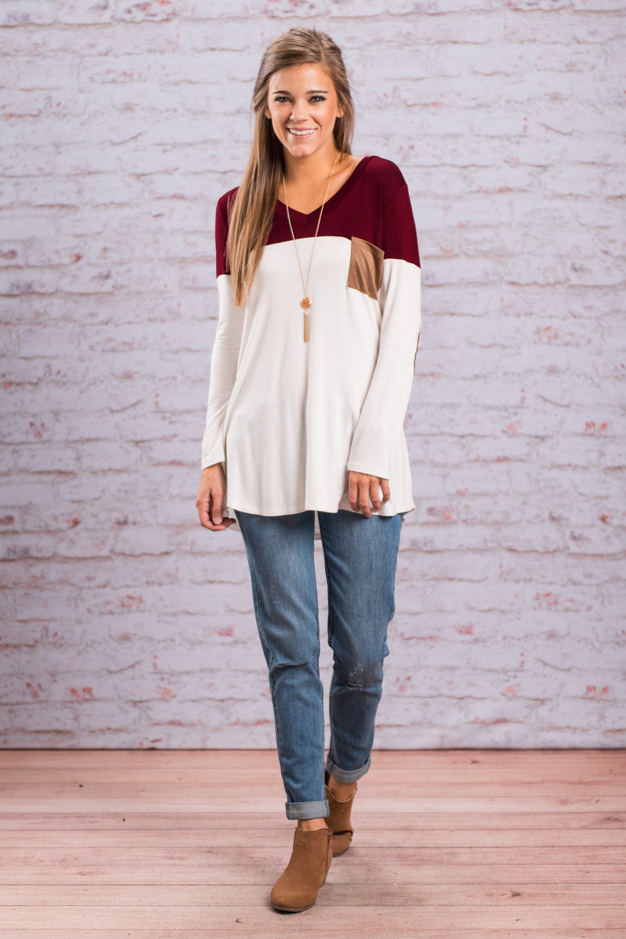Fashion Contrast Color Long-Sleeve Round Neck Blouse