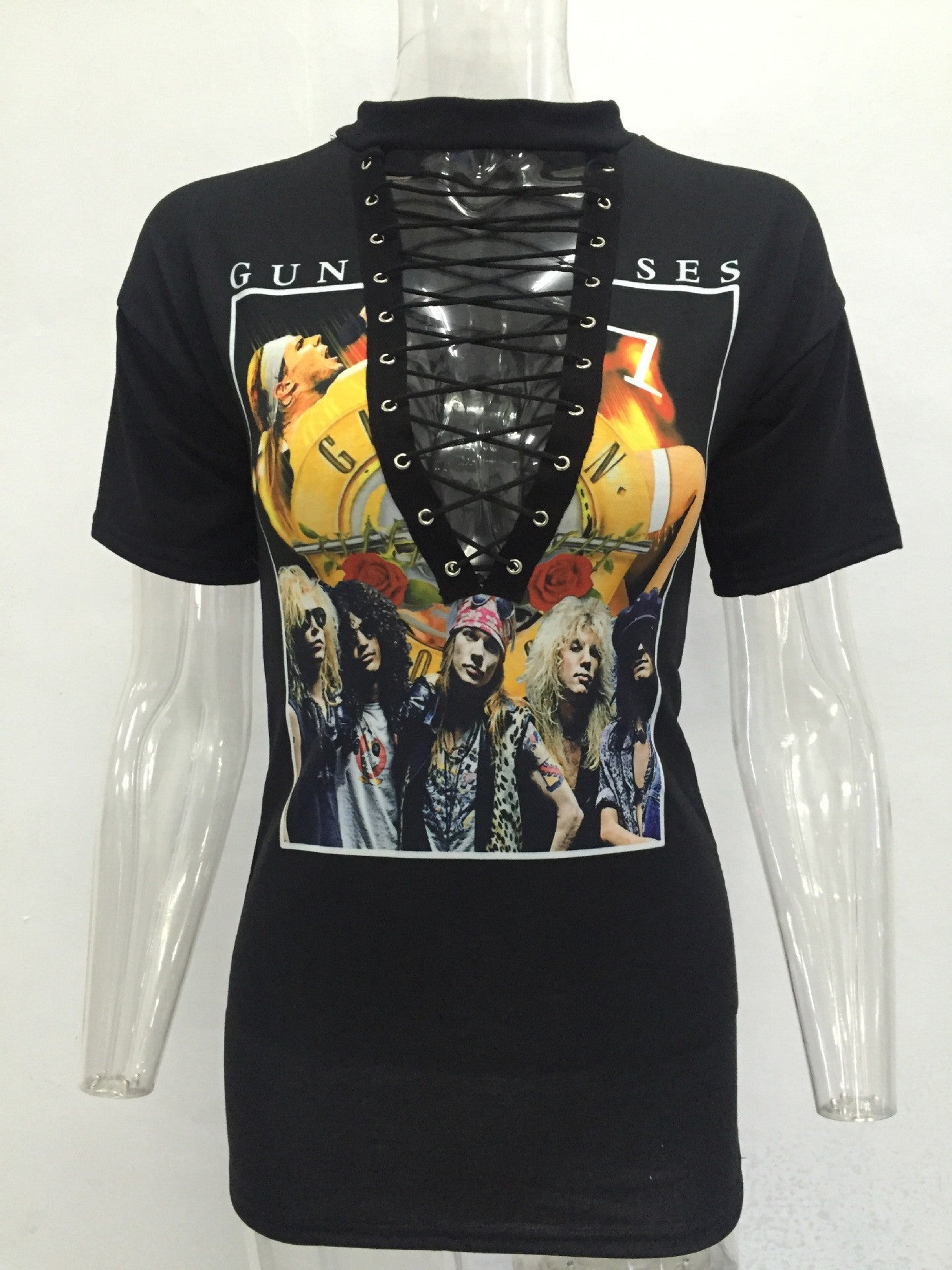 Gun and Rosy Print Hollow Out Lace Up T-shirt