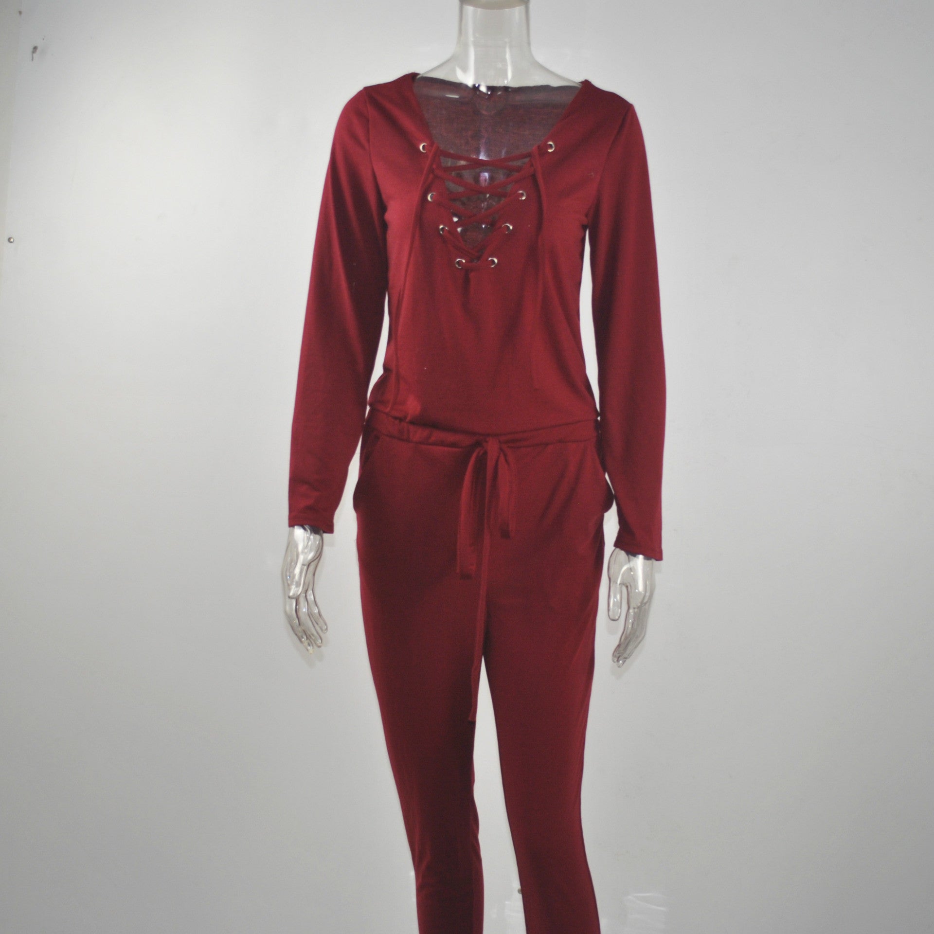 Deep V-neck Lace Up Off Shoulder High Waist Long Jumpsuit