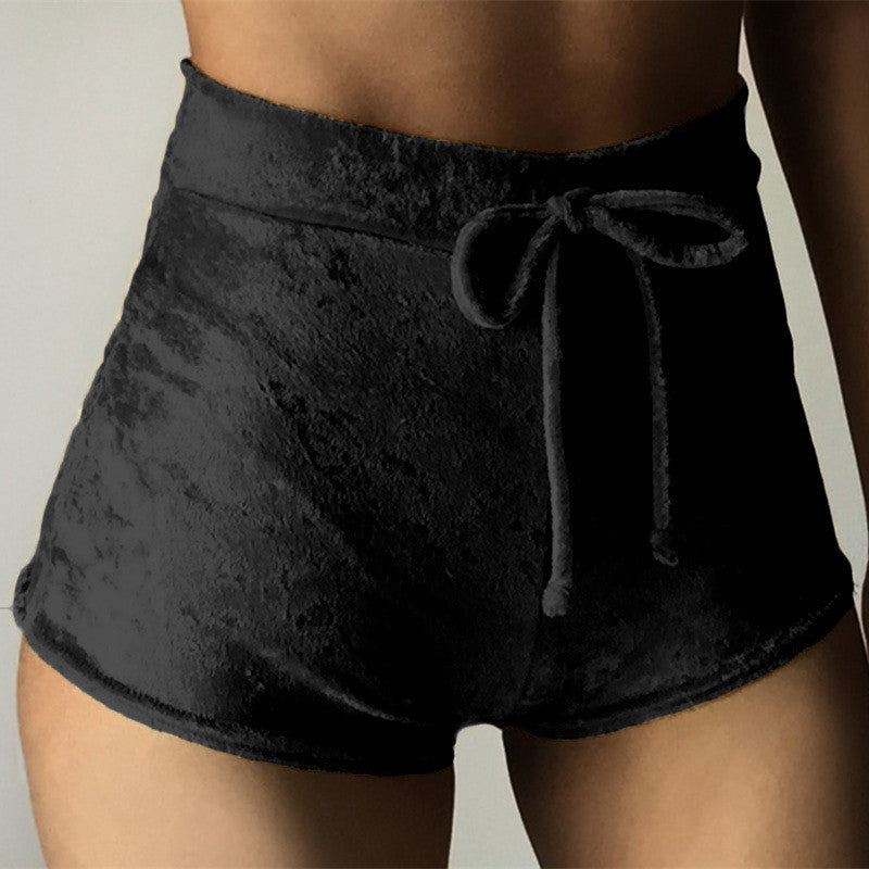 Pleuche High Waist Draw String Push Up Shorts