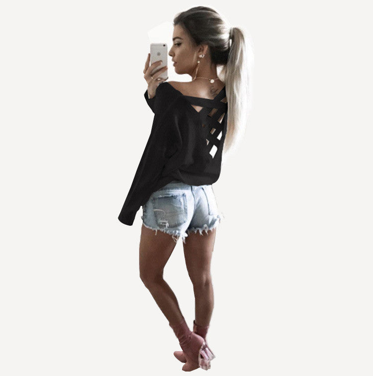 Fashion Back Criss Cross Long Sleeve Pure Color Blouse