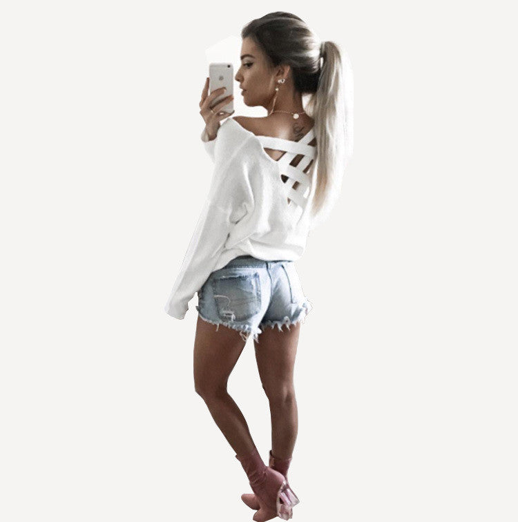 Fashion Back Criss Cross Long Sleeve Pure Color Blouse