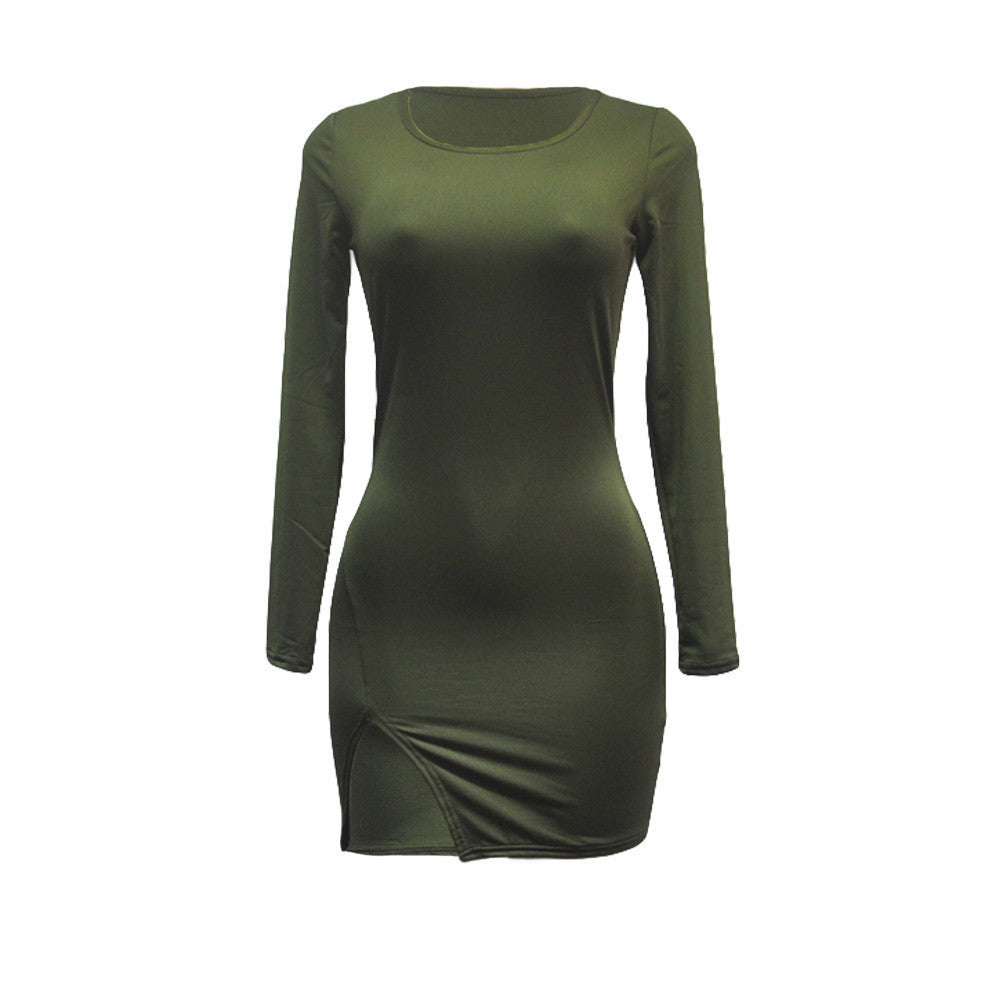 Sexy Side Slit Long Sleeve Scoop Bodycon Short Dress
