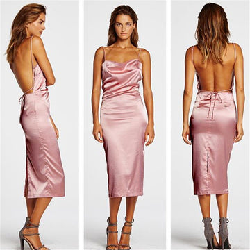 Pink Spaghetti Strap Backless Pure Color Split Long Dress