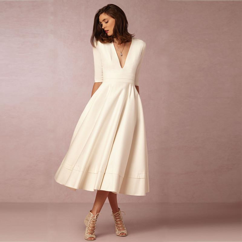 Free Shipping V-neck 3/4 Sleeves Solid High-waist Pleated Long Party Dress(Extra large code)