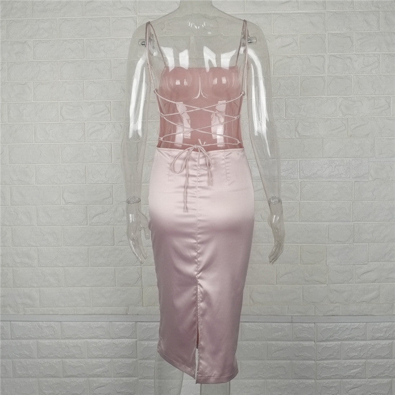 Pink Spaghetti Strap Backless Pure Color Split Long Dress