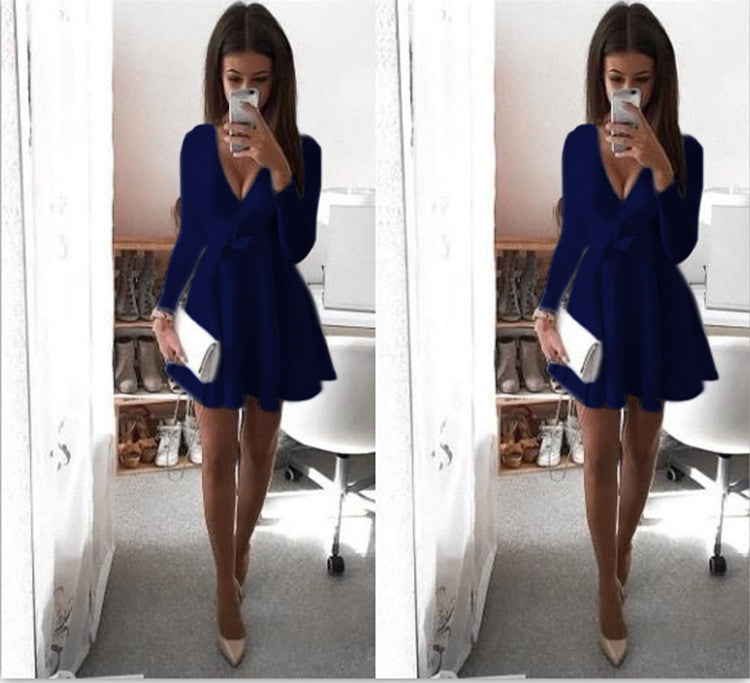Sexy Deep V Neck Bowknot Long Sleeve Short Dress