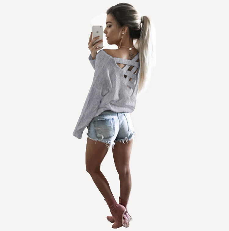 Fashion Back Criss Cross Long Sleeve Pure Color Blouse