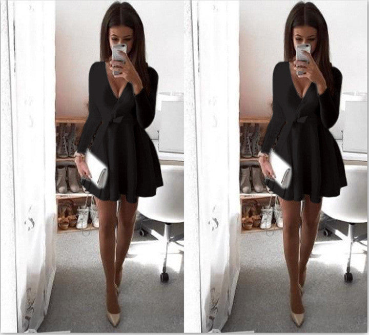 Sexy Deep V Neck Bowknot Long Sleeve Short Dress