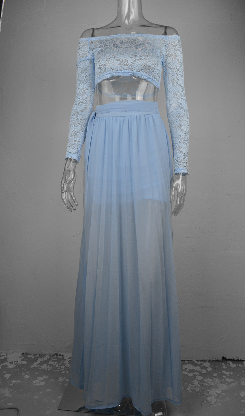 Off Shoulder Lace Long Sleeve Side Split Long Skirt Two Pieces Dress