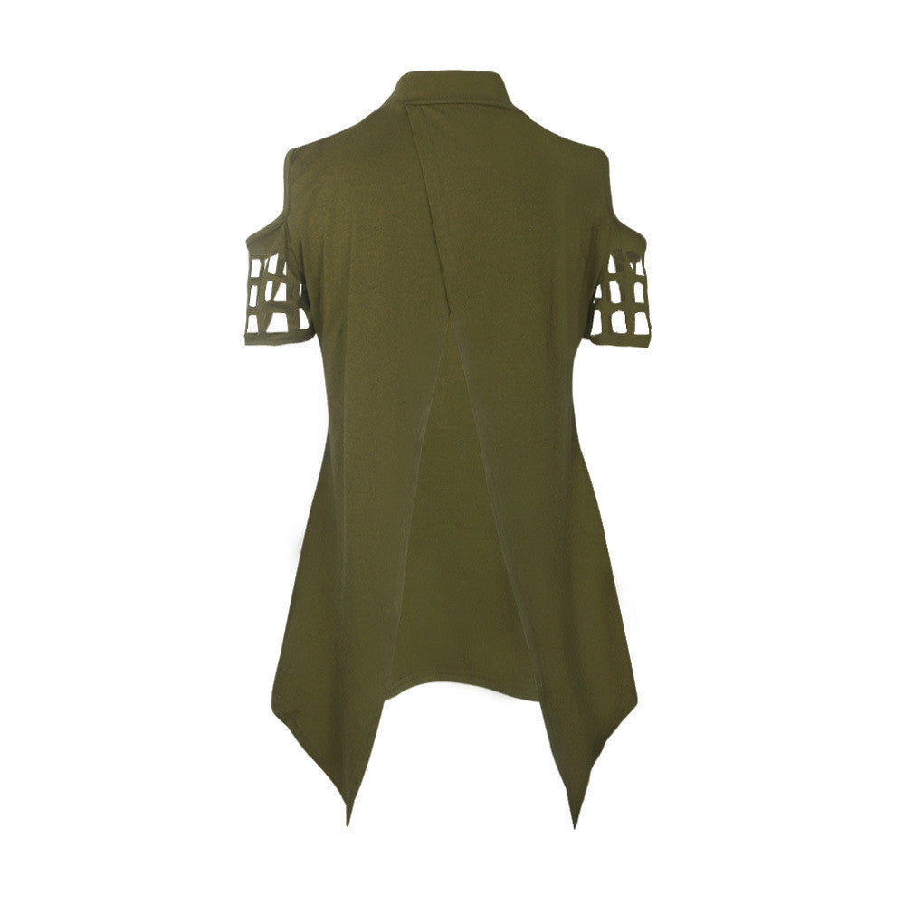 Hollow Out Back Split High Neck Irregular Blouse