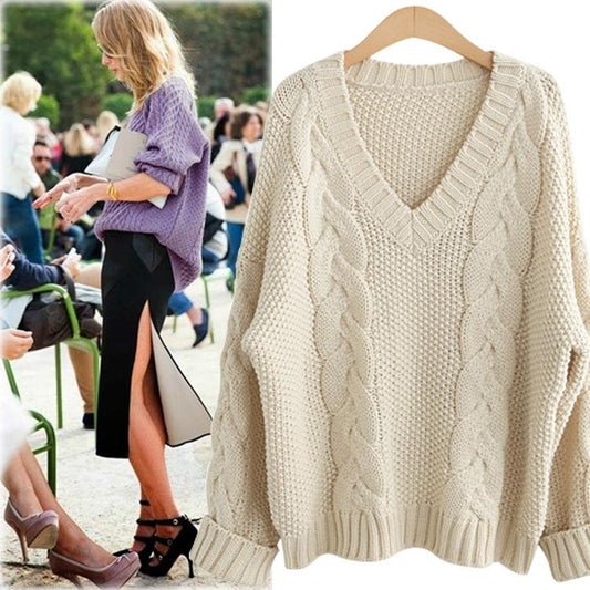 Cable Knit Deep V-neck Solid Color Pullover Sweater