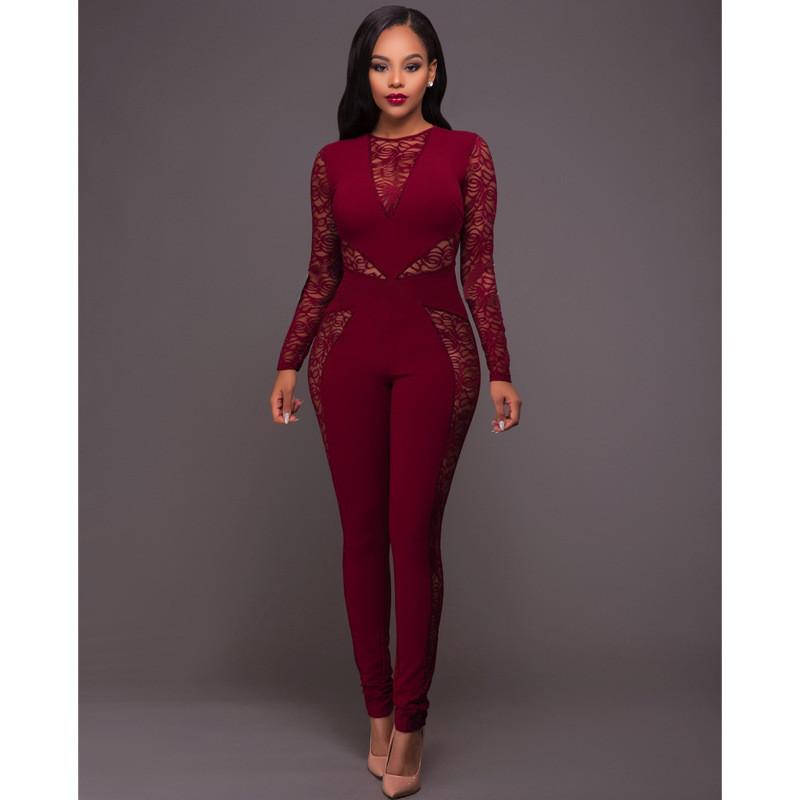 Lace Patchwork Long Sleeve Back Zipper Slim Long Jumpsuit