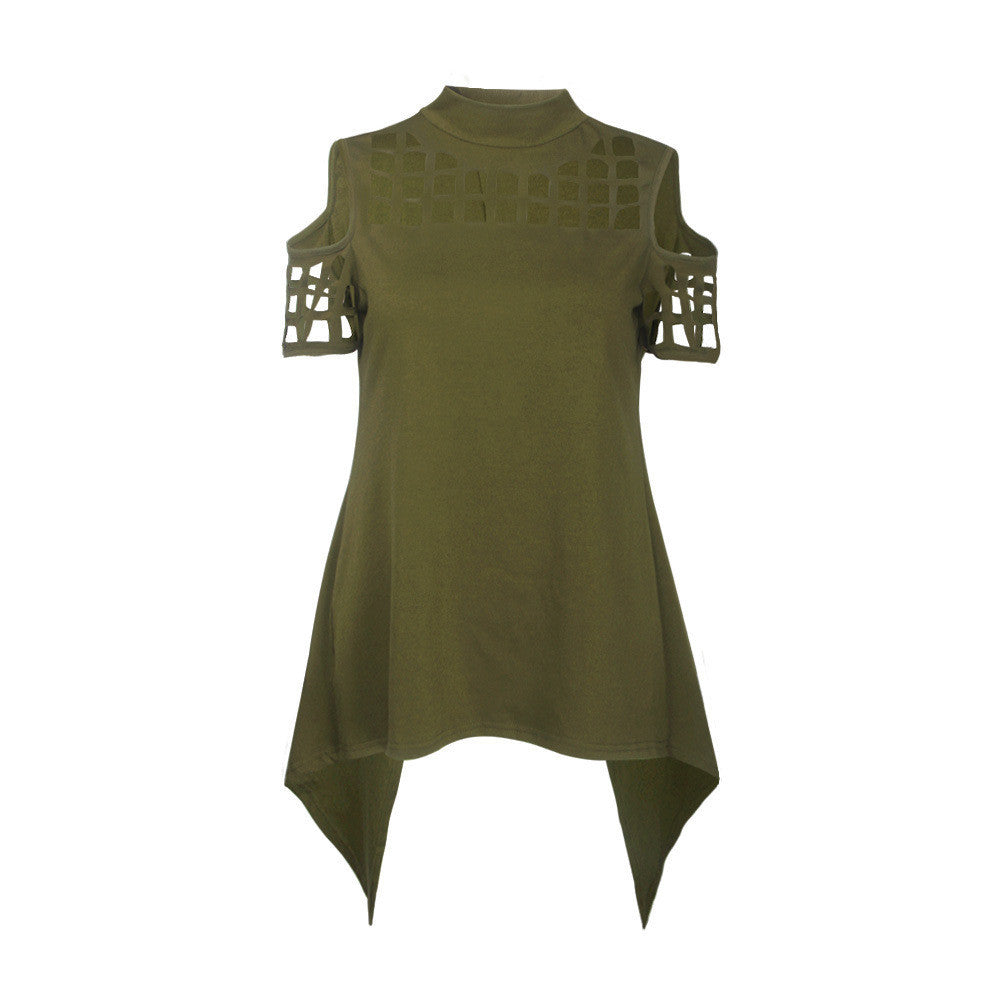 Hollow Out Back Split High Neck Irregular Blouse